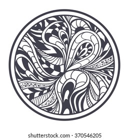 Abstract background or pattern or texture in Zen tangle  Zen doodle style black on white in circle for coloring page or relax coloring book or wallpaper background or for decoration different things