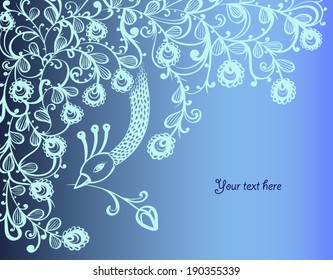 Abstract background, peacock holding flower in his beak 