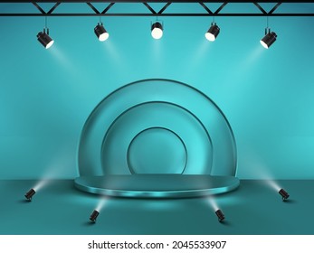 Abstract background with a pedestal. 3d vector stage with spotlights. Podium for show.