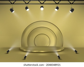 Abstract background with a pedestal. 3d vector stage with spotlights. Podium for show.