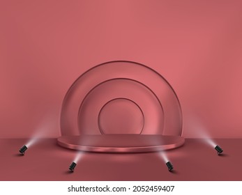 Fondo abstracto con un pedestal. 3d etapa vectorial con focos. Podio para exposición.