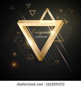 Abstract background from Penrose's triangles. Impossible figures. Concept of unreality. Glowing golden shapes on a dark background.Optical deception. Infinity of space. Vector illustration.