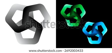 Abstract background with pentagons. Art lines design logo or icon with 3 parts. A grey gradient figure on a white background and an equally blue and green figures on the black side.