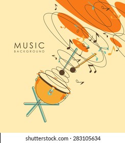 Abstract Background With Percussion Musical Instruments Drum Timpani In Vintage Sketch Style