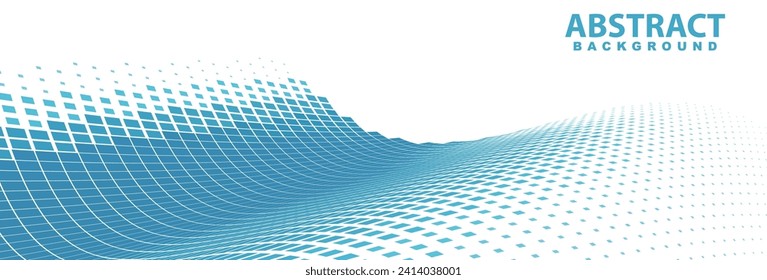 Abstract background with perspective cool blue dotted undulated surface. Wide vector graphic pattern