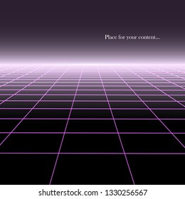 Abstract background with perspective. Digital futuristic design - retro 80-90s style. Grid neon surface with glowing effect. Vector copy space.