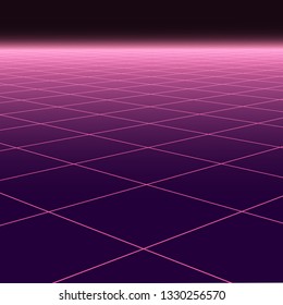 Abstract background with perspective. Digital futuristic design - retro 80-90s style. Grid neon surface with glowing effect. Vector copy space.