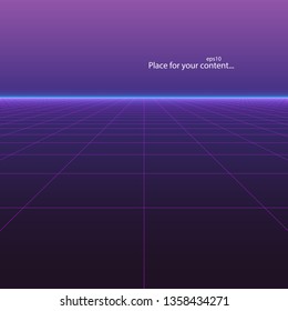 Abstract background with perspective. Digital futuristic design - retro 80-90s style. Grid neon surface with glowing effect. Vector purple copy space.