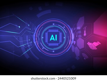 abstract background perspective future technology artificial intelligence machine learning Tech circle in the center glows with a microcomputer. Electronic circuits left and right hexagons with icons