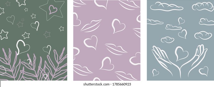 Abstract background pictures of lilac tones. Hands support heart, lips and hearts on lilac, exotic leaves under the starry rain.