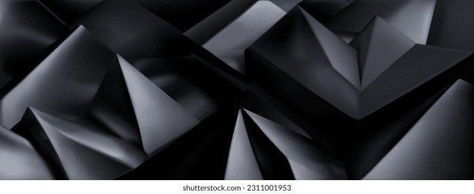Abstract background of a pile of 3d pyramids and other shapes with sharp corners and smoothed edges, in shades of black colors