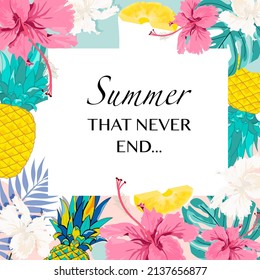 Abstract background with Pineapple and flower,Summer background, tropical, Fresh concept  design,Spring banner.banner design