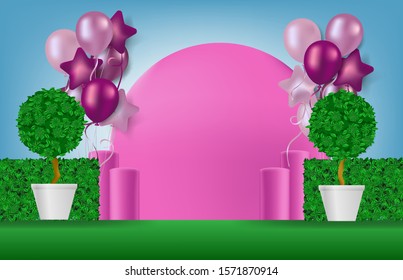 abstract background of pink backdrop ,balloons, tree plant in pot and nature wall, romantic wedding party concept