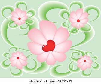 Abstract background with pink colors, green leaves and red heart.