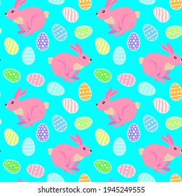 Abstract background pink Easter bunnies and eggs on blue, texture for design, seamless pattern, vector illustration