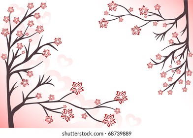 abstract background with pink flowering branches and hearts