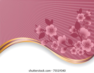 abstract background with pink flowering branches on a golden wave