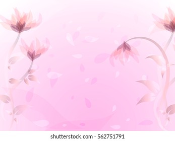 Abstract background with pink flowers, pink flower petals flying in the wind, vector illustration