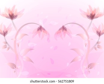 Abstract background with pink flowers, pink flower petals flying in the wind, vector illustration