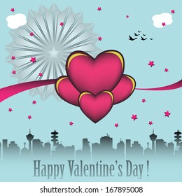 Abstract background with pink hearts over a city. Valentine's Day theme 