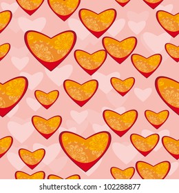 Abstract background with pink hearts. Vector, seamless pattern.