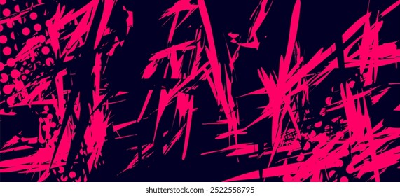 Abstract background with pink paint strokes and circles on a dark blue background.