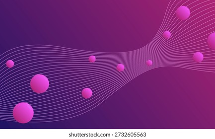Abstract background with pink spheres and flowing lines in a purple gradient. Modern and minimalist design. Represents connectivity, data flow, and innovation. Suitable for technology, corporate, or presentations needing a clean, energetic, and creative look.