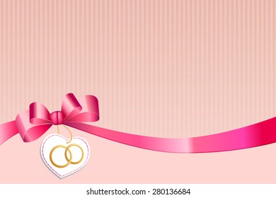 Abstract background pink strips white heart bow with wedding gold rings vector