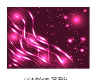 Abstract background in pink tones. Neon intersecting lines, illuminated spheres, stars. Space, planets, star dust