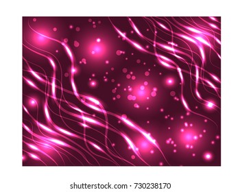 Abstract background in pink tones. Neon intersecting lines, illuminated spheres, stars. Space, planets, star dust