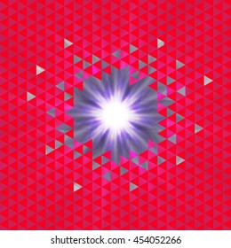 Abstract background with pink triangles and bright flash inside. Vector illustration. 