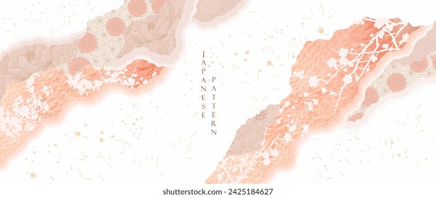 Abstract background with pink watercolor painting texture vector. Art acrylic element with Japanese wave pattern with floral element in oriental style. paper craft banner.