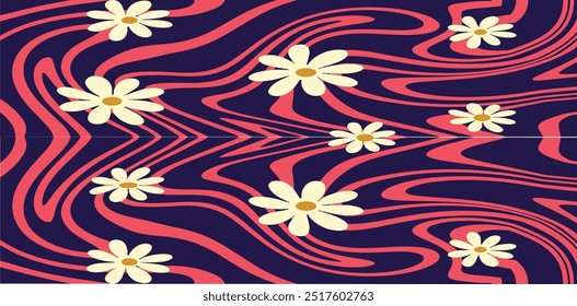 abstract background. Abstract Pink Waves and Daisies Background. Vintage Floral Design with White Daisies. seamless floral pattern.