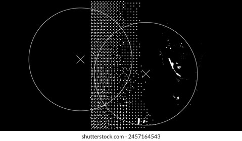 Abstract background with pixel art distorted patern and two overlapping circles. Neo cyber grunge style.