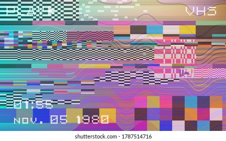 Abstract background with pixel noise artifacts. Glitched old-school screen with digital datamoshing VHS effect, an old analog video recording on tape cassette.