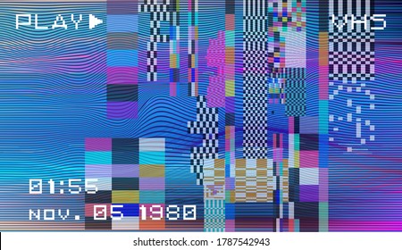 Abstract background with pixel noise artifacts. Glitched old-school screen with digital datamoshing VHS effect, an old analog video recording on tape cassette.