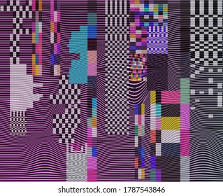 Abstract background with pixel noise artifacts. Glitched old-school screen with digital datamoshing VHS effect, an old analog video recording on tape cassette.