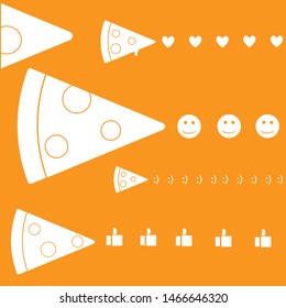 Abstract background. Pizza pieces flying and shooting by positive messages such as likes and smiles. Square shape. Orange color. For poster, print on t-shirt or box in pizzeria. 