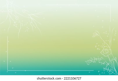 Abstract background with place for text. Horizontal green gradient with lines of branches and flowers. Suitable for banners, invitations
