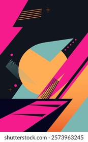 Abstract background with place for text. Trendy geometrical poster. Dark background and bright figures. Retro style. 