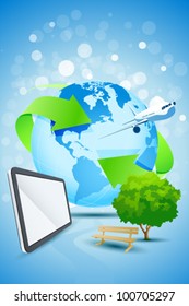 Abstract Background with Planet Earth Airplane Tablet Computer Bench and tree