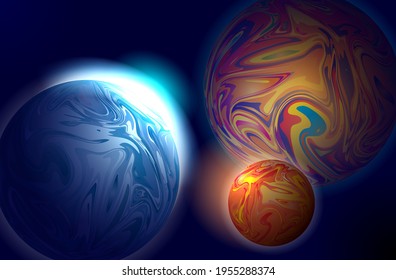 Abstract background of planets in outer space. Abstract vector illustration of liquid-structure planets on a dark background. A blank for creativity.