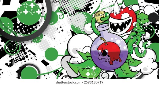 Abstract background with plant monster and skull objects , graffiti, vector, eps 10, editable.