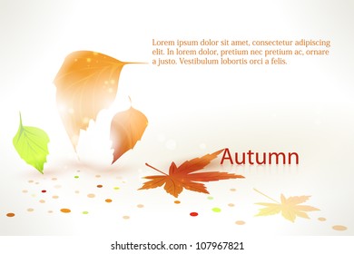 Abstract background with playfully falling and fallen leaves and color dots. Shadows and perspective giving it a 3d feeling. Space for your text.