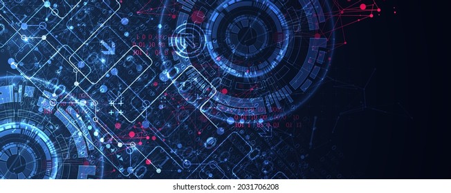 Abstract background with plexus effect. Scientific and technological concept with the use of technical elements formed in the shape of a circle.