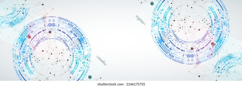 Abstract background with plexus effect. Scientific and technological concept with the use of technical elements formed in the shape of a circle.