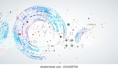 Abstract background with plexus effect. Scientific and technological concept with the use of technical elements formed in the shape of a circle.