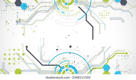 Abstract background with plexus effect. Scientific and technological concept with the use of technical elements formed in the shape of a circle. Vector