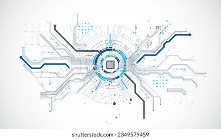 Abstract background with plexus effect. Scientific and technological concept with the use of technical elements formed in the shape of a circle. Vector