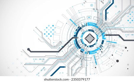 Abstract background with plexus effect. Scientific and technological concept with the use of technical elements formed in the shape of a circle. Vector